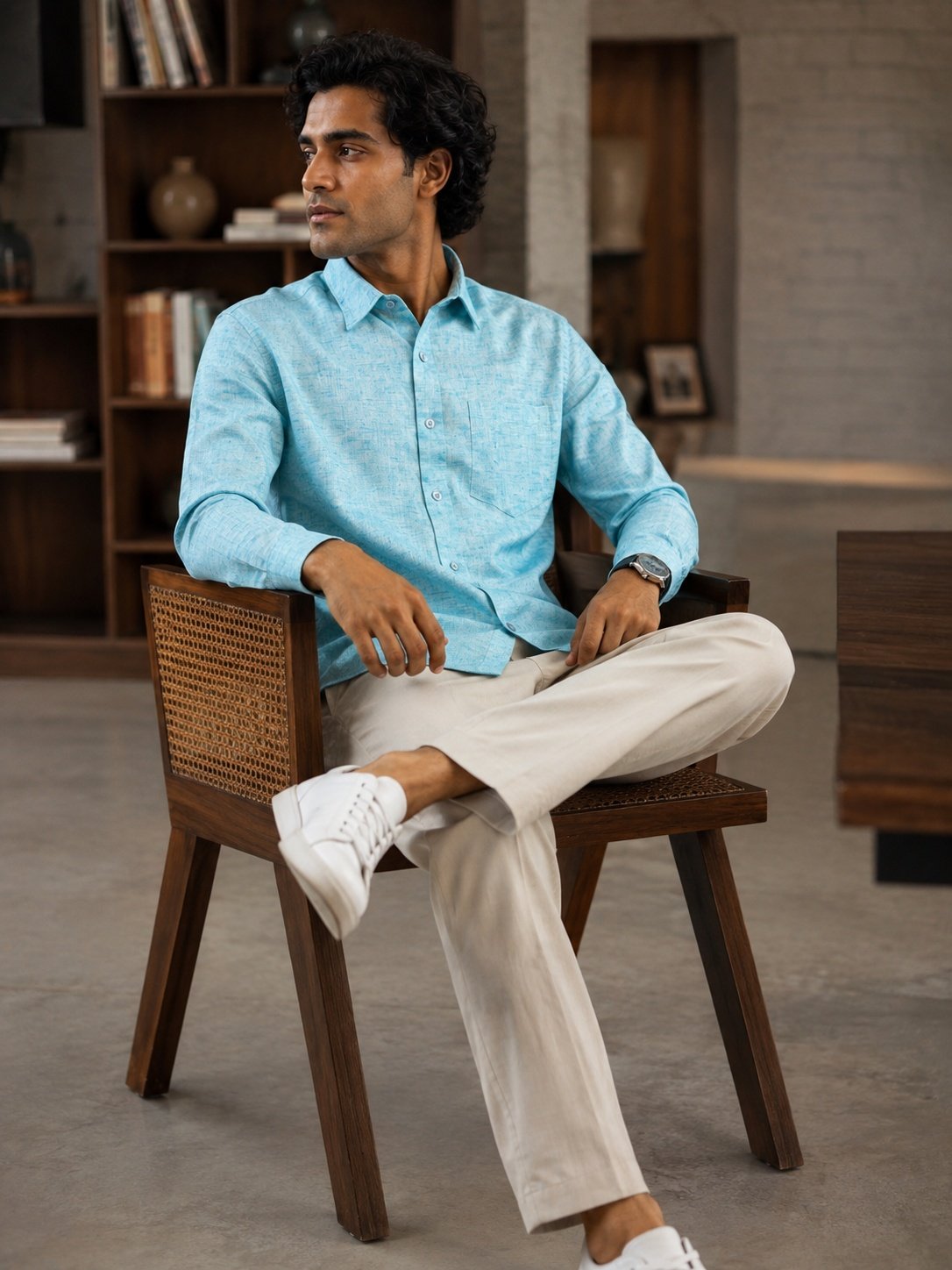 THREADSKY Men's Light Blue Textured Linen-Look Casual Shirt | Full Sleeve Shirt with Chest Pocket - Threadsky Premium Collection