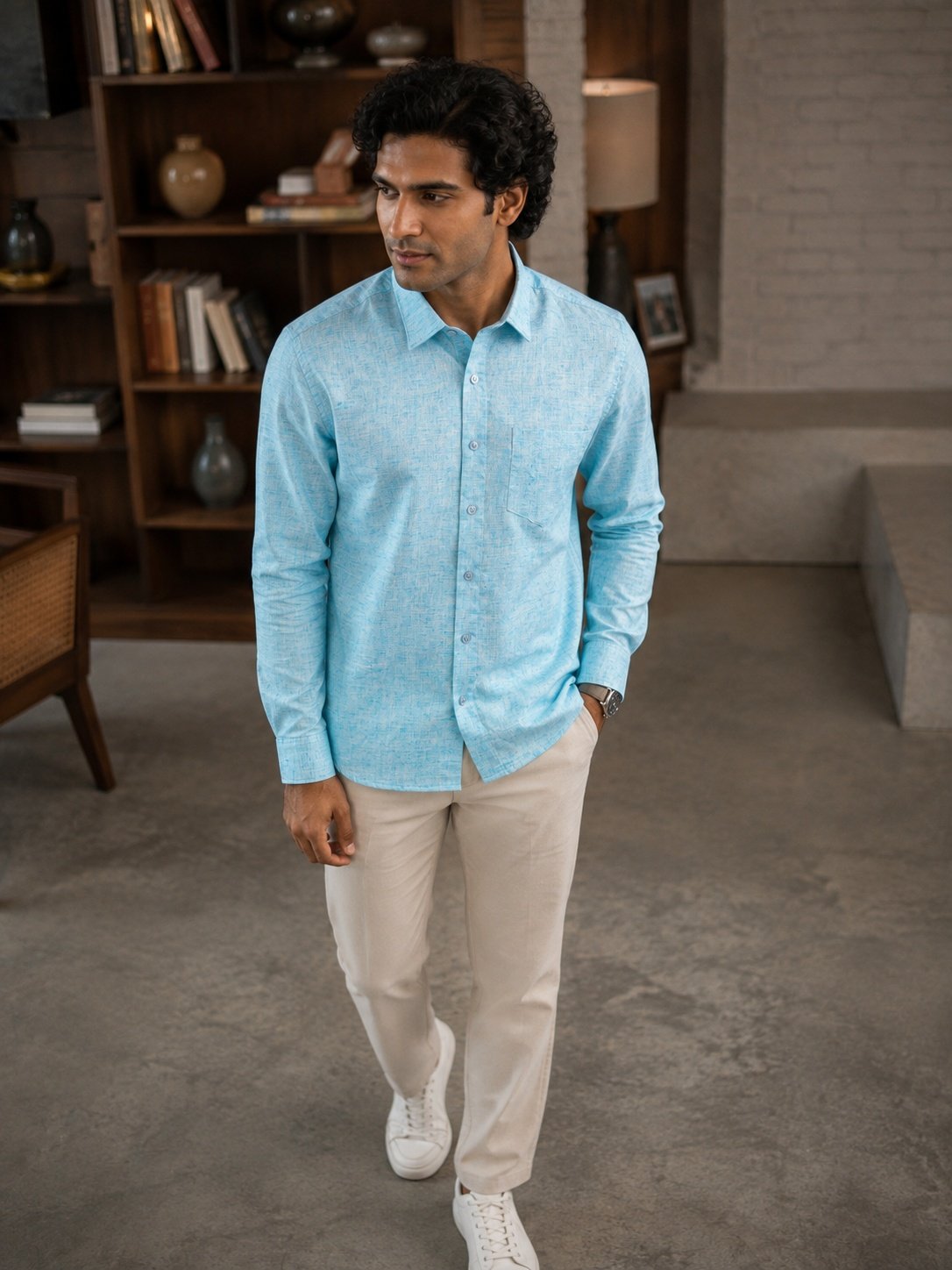 THREADSKY Men's Light Blue Textured Linen-Look Casual Shirt | Full Sleeve Shirt with Chest Pocket