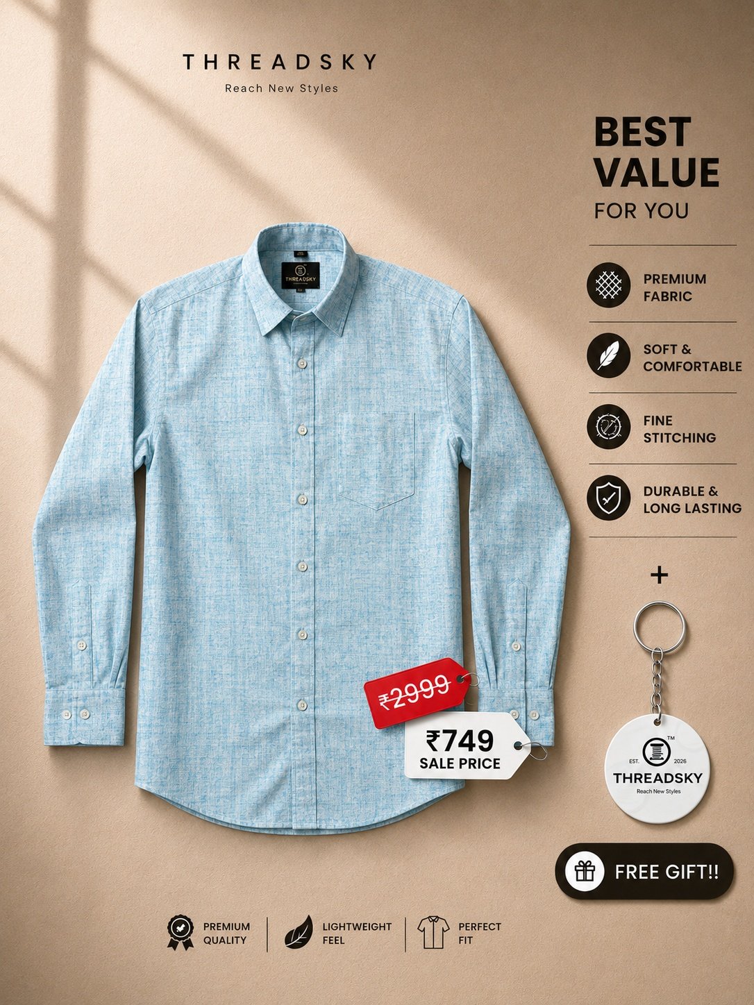 THREADSKY Men's Light Blue Textured Linen-Look Casual Shirt | Full Sleeve Shirt with Chest Pocket