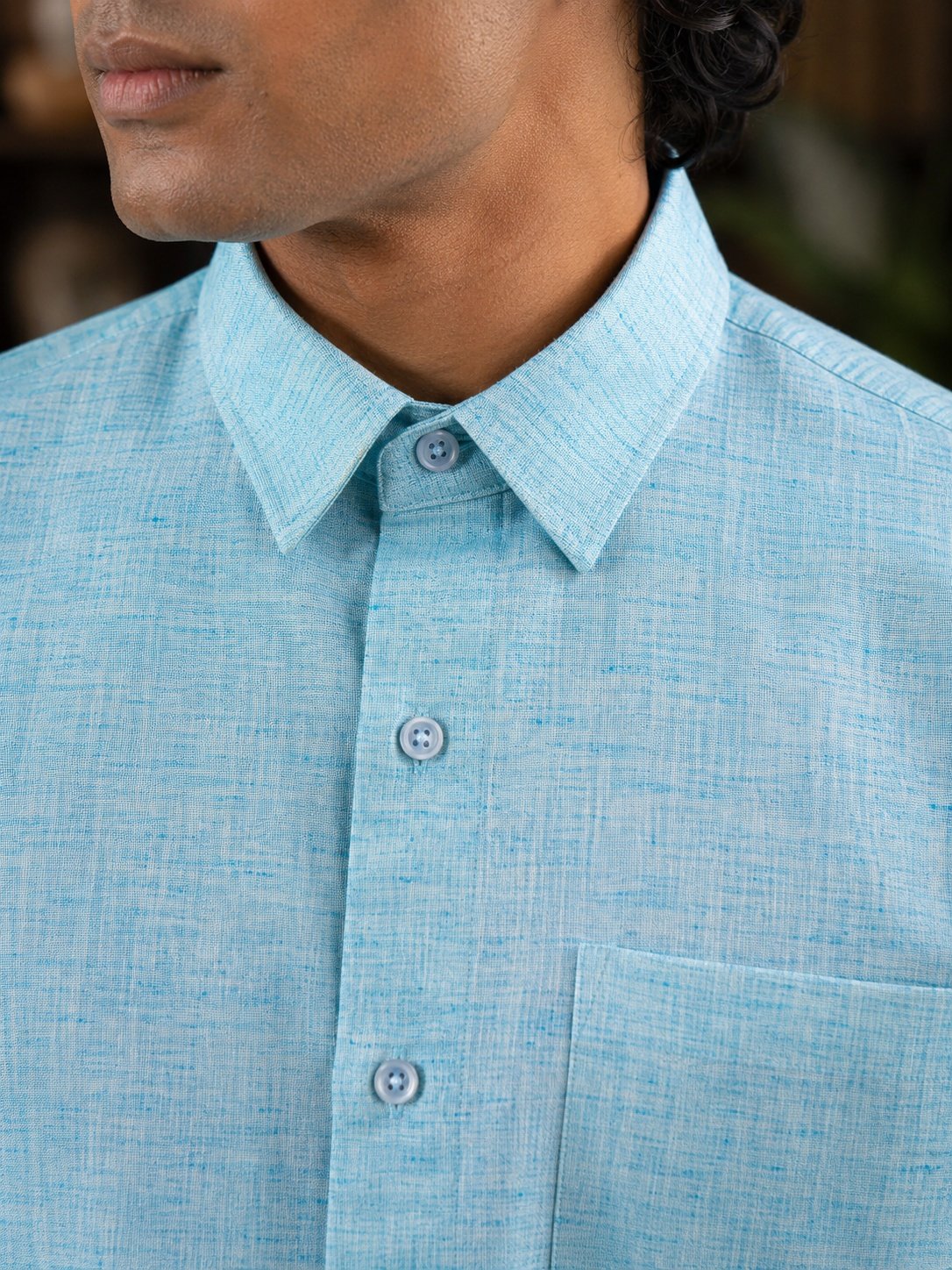 THREADSKY Men's Light Blue Textured Linen-Look Casual Shirt | Full Sleeve Shirt with Chest Pocket