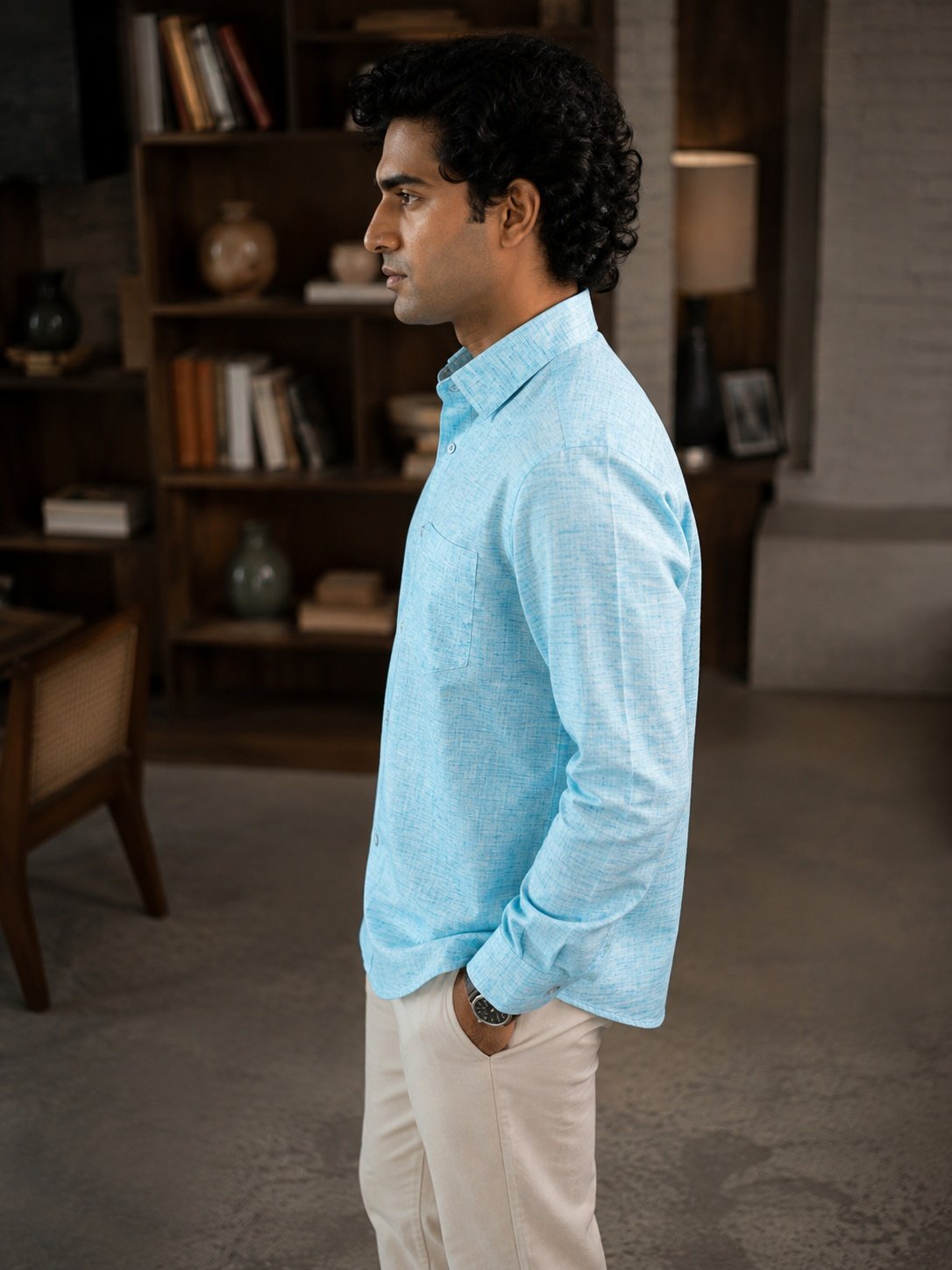THREADSKY Men's Light Blue Textured Linen-Look Casual Shirt | Full Sleeve Shirt with Chest Pocket