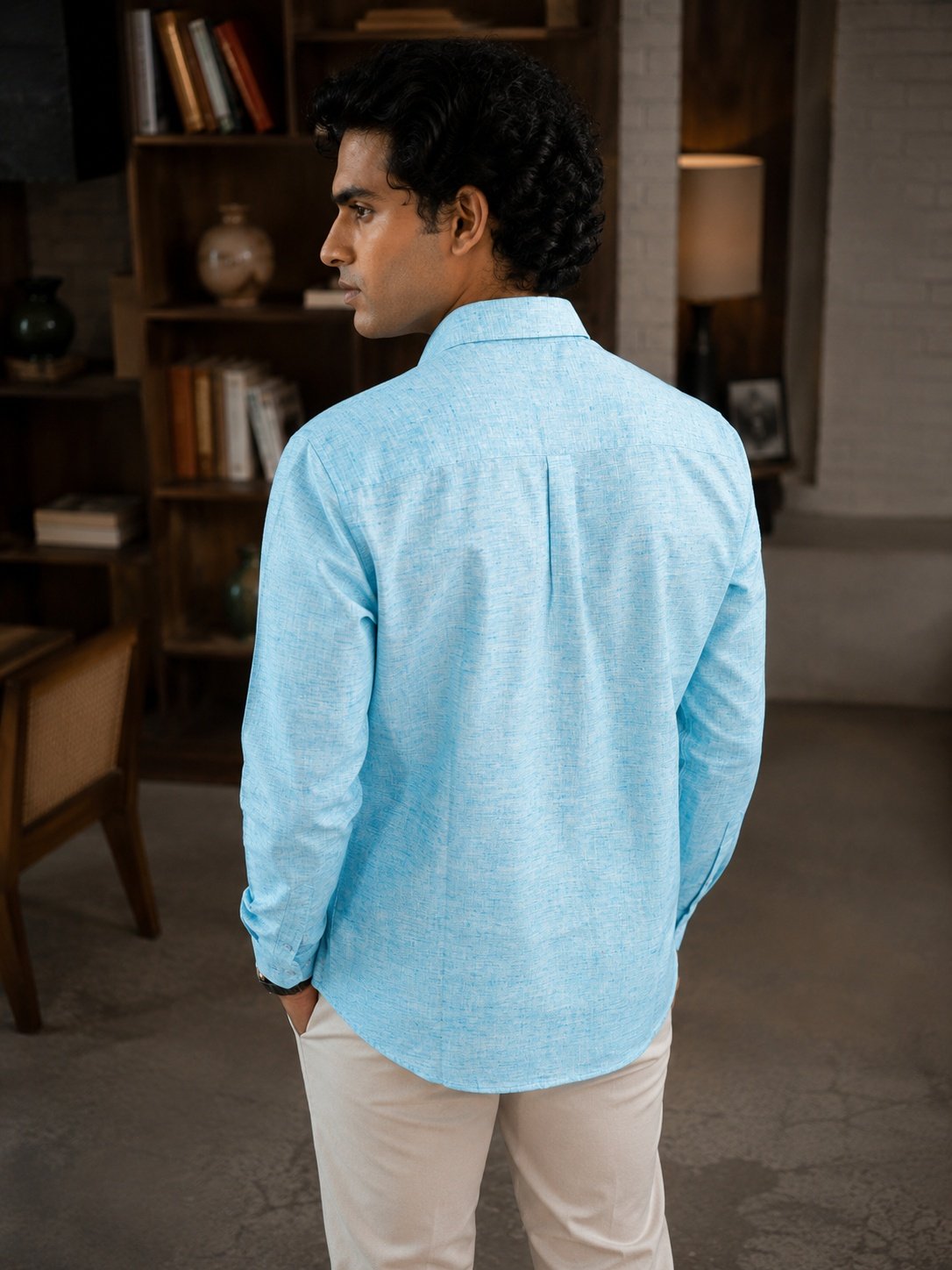 THREADSKY Men's Light Blue Textured Linen-Look Casual Shirt | Full Sleeve Shirt with Chest Pocket